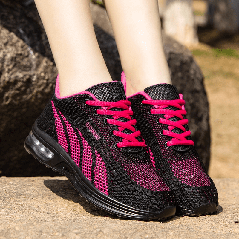 Black and pink stylish mesh flexible lace-up women's sneakers with cushioning and low upper height, perfect for active ladies, SF1414.